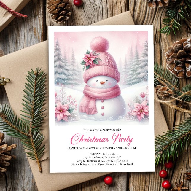 Invitación Sweet Snowy Forest Pink Snowman Editable Christmas (Sweet Snowy Forest Pink Snowman Editable Christmas Invite)