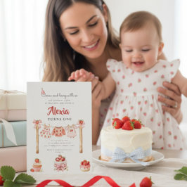 Invitación Sweet Strawberry First Birthday Outfit Clothesline