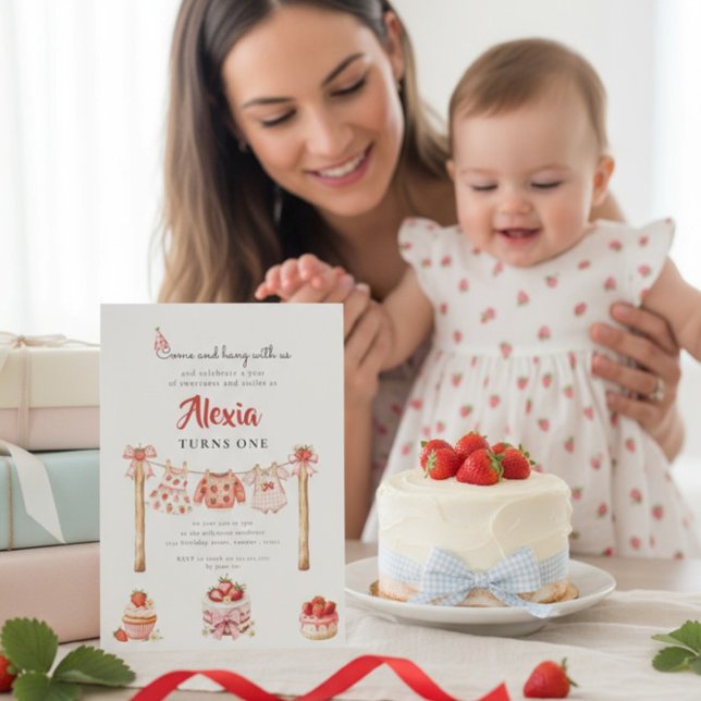 Invitación Sweet Strawberry First Birthday Outfit Clothesline (Subido por el creador)