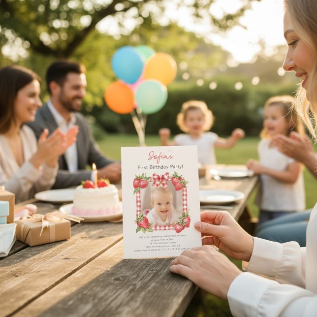 Invitación Sweet Strawberry Photo Card First Birthday (Subido por el creador)