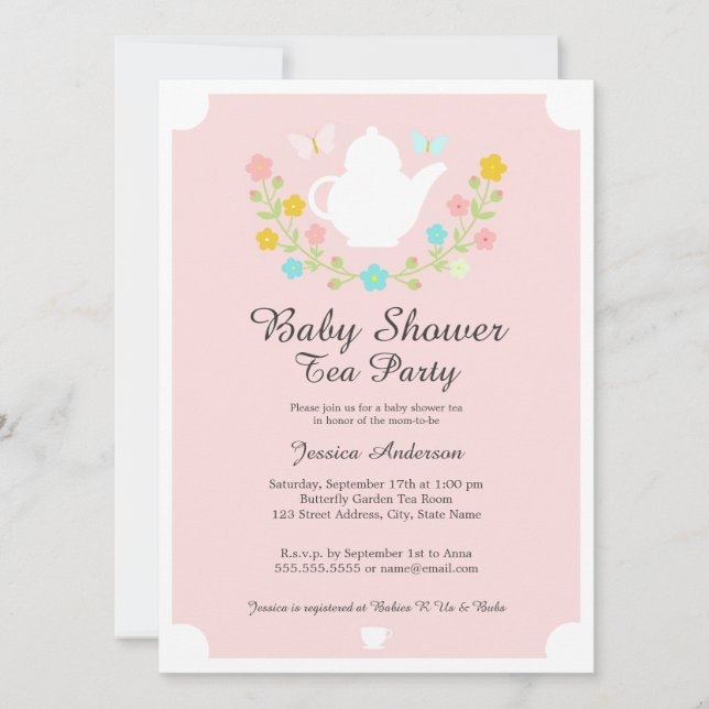 Invitación Sweet TeaPot Pink Floral Baby Shower (Anverso)