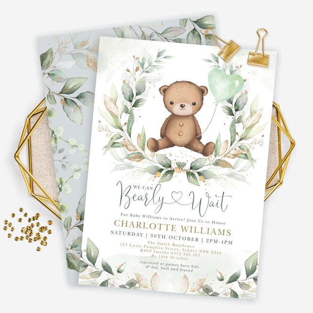 Invitación Sweet Teddy Bear Baby Shower Greenery Gold Balloon (Subido por el creador)