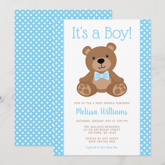 Invitación Sweet Teddy Bear Blue Polka Dot Baby Shower (Anverso / Reverso)