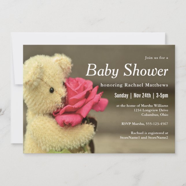Invitación Sweet Teddy Bear Con Baby Shower Rosa (Anverso)