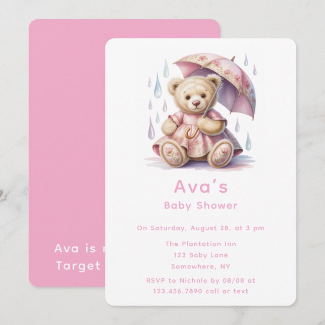 Invitación Sweet Teddy Bear Girl Baby Shower (Anverso / Reverso)