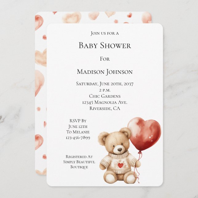 Invitación Sweet Teddy Bear Heart Balloon Baby Shower (Anverso / Reverso)