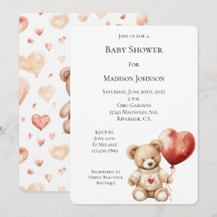 Invitación Sweet Teddy Bear Heart Balloon Baby Shower