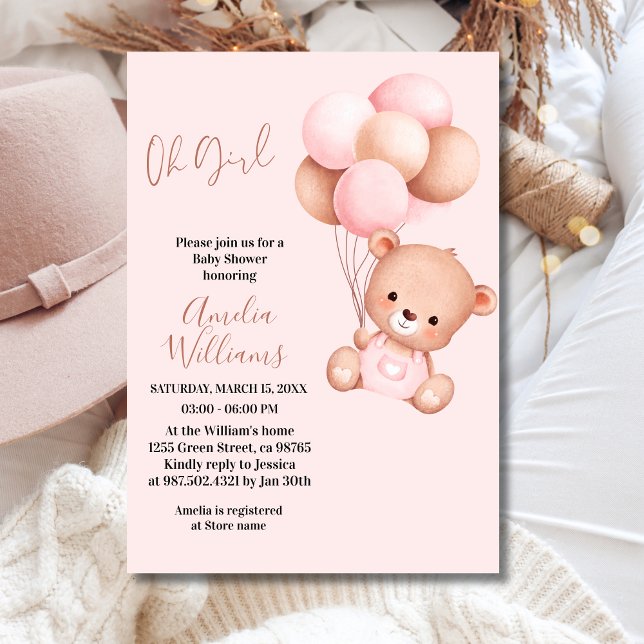 Invitación Sweet Teddy Bear Oh Chica Globo Rosa Baby Shower (Subido por el creador)