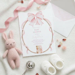 Invitación Sweet Teddy Bear & Pink Bow Baby Girl Shower 