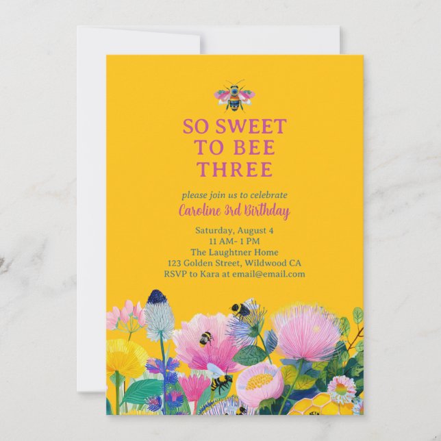 Invitación Sweet to Bee Three Whimsical Third Birthday (Anverso)