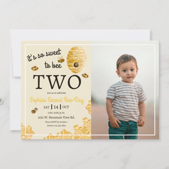 Invitación Sweet to Bee Two Honeycomb Bees 2nd Birthday Photo (Anverso)