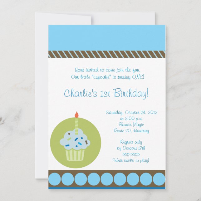 Invitación Sweet Treat Blue First Cupcake Birthday (Anverso)