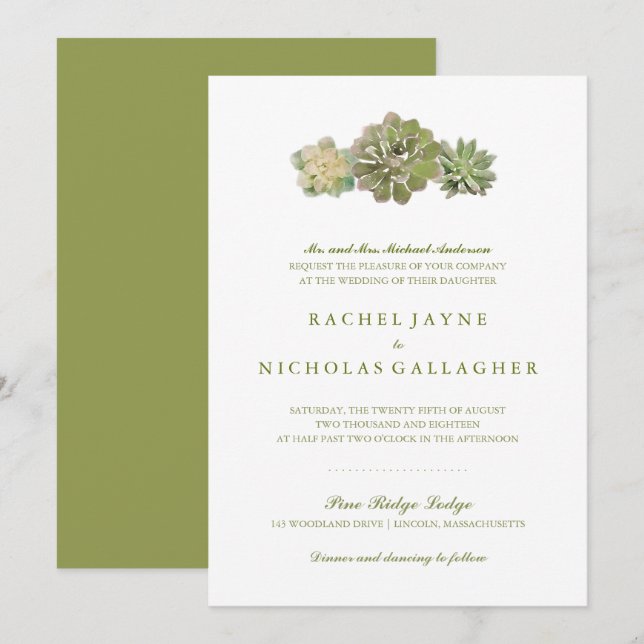 Invitación Sweet Trio Succulent Sage Green | Boda (Anverso / Reverso)