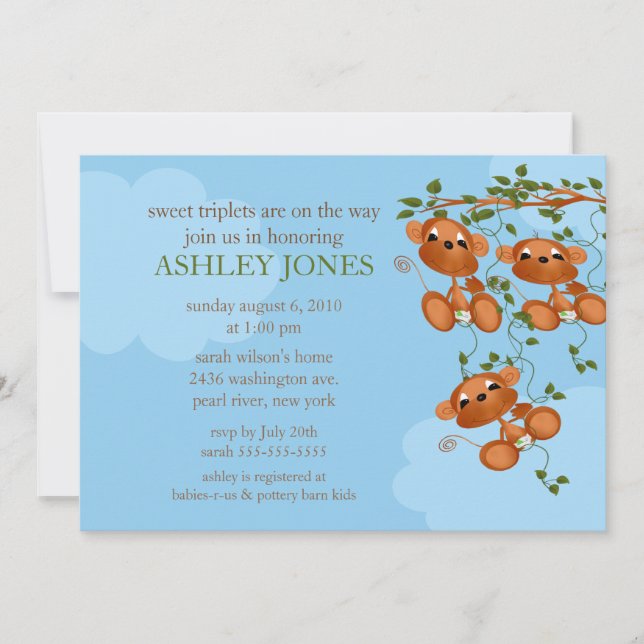 Invitación Sweet Triplets Baby Monkey Baby Shower (Anverso)