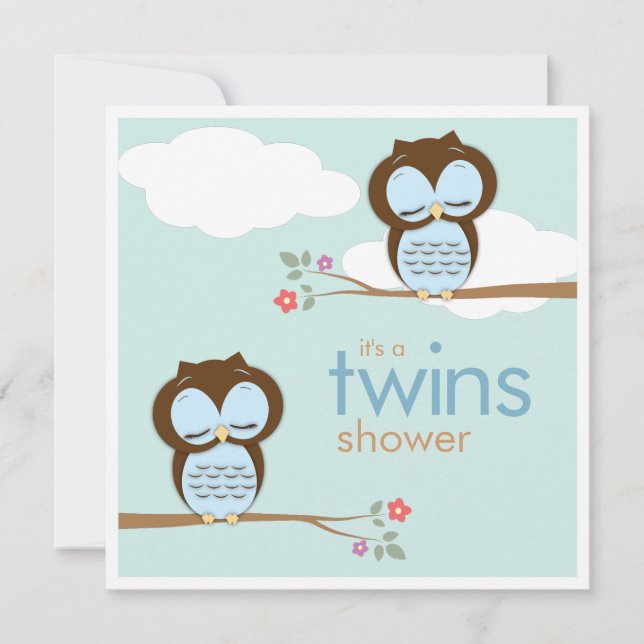 Invitación Sweet Twins Hoot Owls Boys Baby Shower (Anverso)