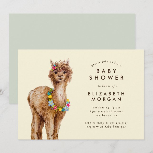 Invitación Sweet Watercolor Alpaca Baby Shower (Anverso / Reverso)