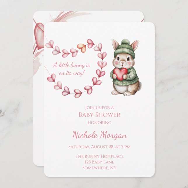 Invitación Sweet Watercolor Bunny Baby Shower  (Anverso / Reverso)