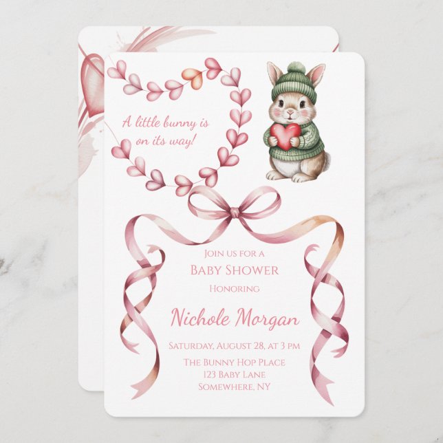 Invitación Sweet Watercolor Bunny Baby Shower  (Anverso / Reverso)