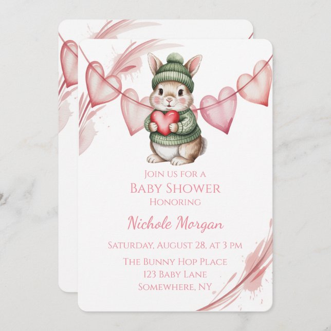 Invitación Sweet Watercolor Bunny Baby Shower  (Anverso / Reverso)