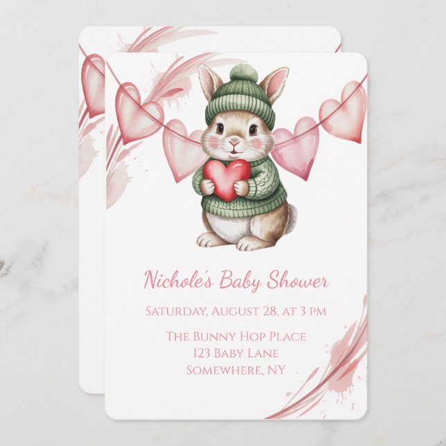 Invitación Sweet Watercolor Bunny Baby Shower  (Anverso / Reverso)