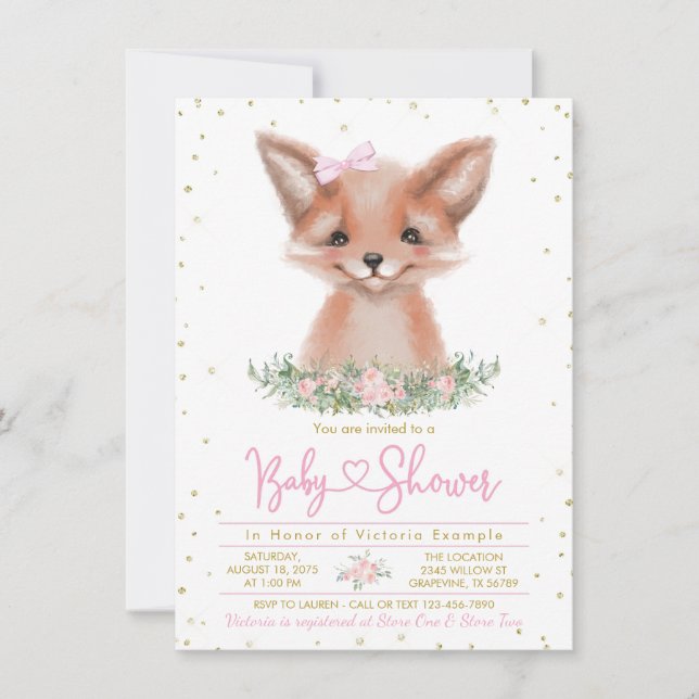 Invitación Sweet Watercolor Chica Fox Baby Shower (Anverso)
