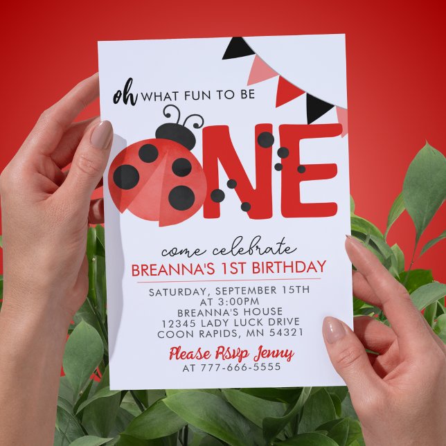 Invitación Sweet Watercolor Ladybug Primer Fiesta de cumpleañ (Oh What Fun to Be One White and Red 1st Birthday Invitation. Available Printed or Digital Download)