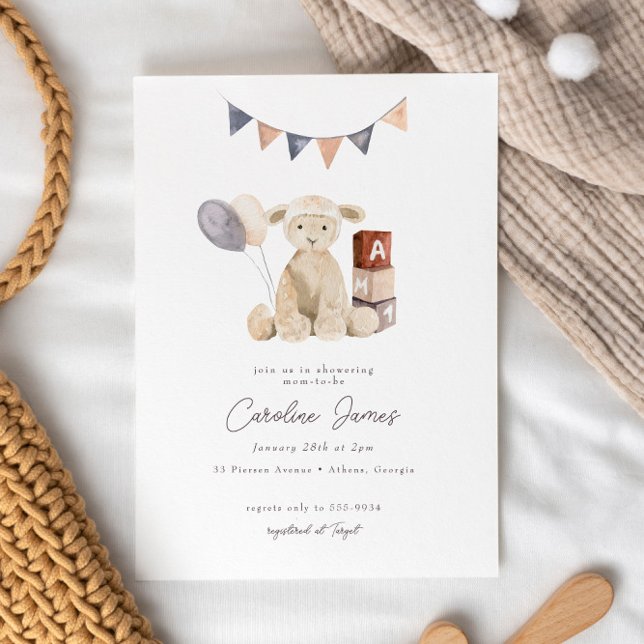 Invitación Sweet Watercolor Lamb Baby Toy Baby Shower (Subido por el creador)
