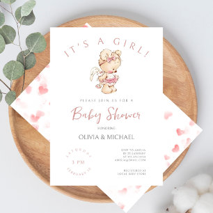 Invitación Sweet Watercolor Little Girl Bear Baby Shower
