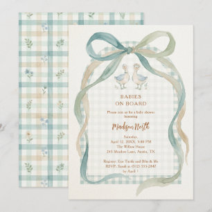 Invitación Sweet Watercolor Twins Geese Gingham Shower LPM26