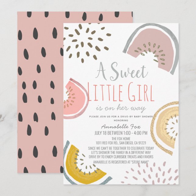 Invitación Sweet Watermelon Boho Drive-by Baby Shower (Anverso / Reverso)