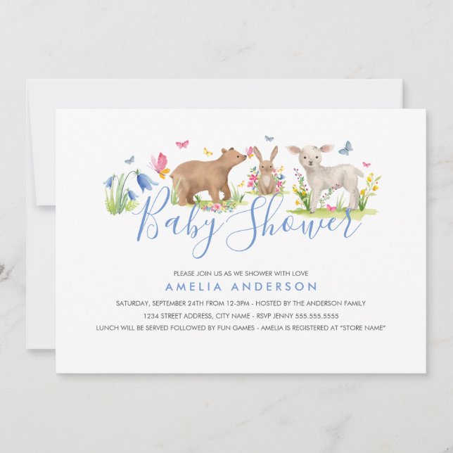 Invitación Sweet Woodland Animal Blue Baby Shower (Anverso)
