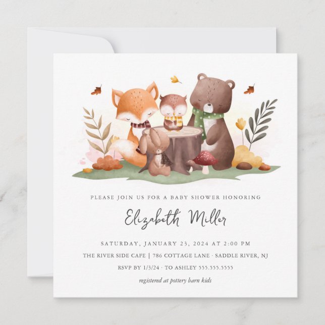 Invitación Sweet Woodland Animals Baby Shower (Anverso)