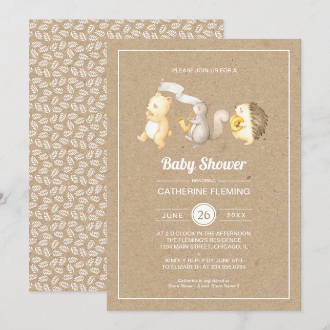 Invitación Sweet Woodland Animals Kraft Paper Baby Shower (Anverso / Reverso)