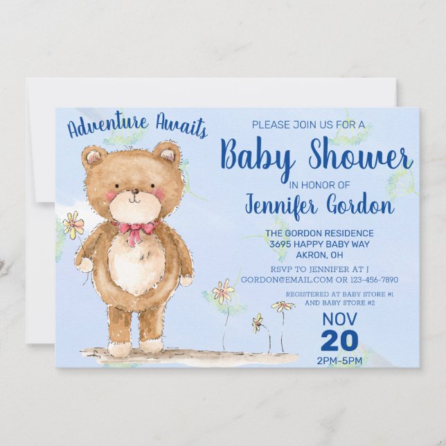 Invitación Sweet Woodland Bear Blue Boy Baby Shower (Anverso)