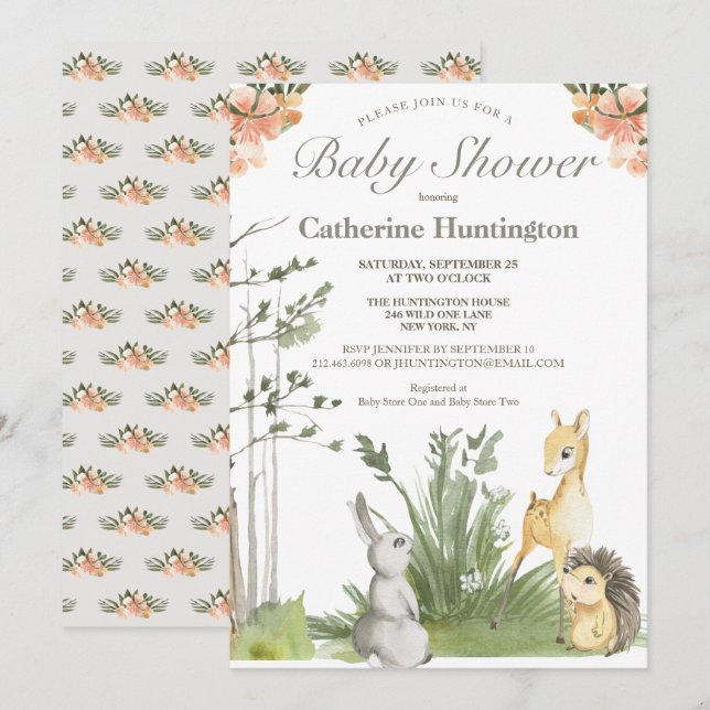 Invitación Sweet Woodland Forest Animals Baby Shower (Anverso / Reverso)