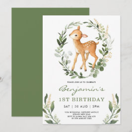 Invitación Sweet Woodland Greenery Forest Baby Deer Cumpleaño