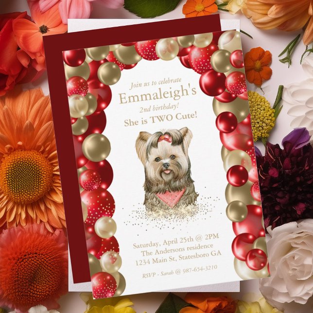 Invitación Sweet Yorkie Dos Cute Red Gold Balloon Cumpleaños (Subido por el creador)
