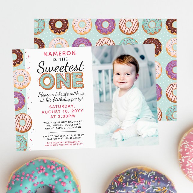 Invitación SWEETEST ONE Blue Iced Donuts First Birday Photo (Subido por el creador)