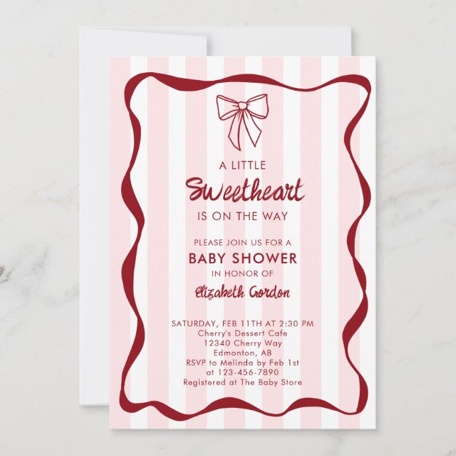Invitación Sweetheart Baby Shower Pink Bow Stripes Coquette (Anverso)