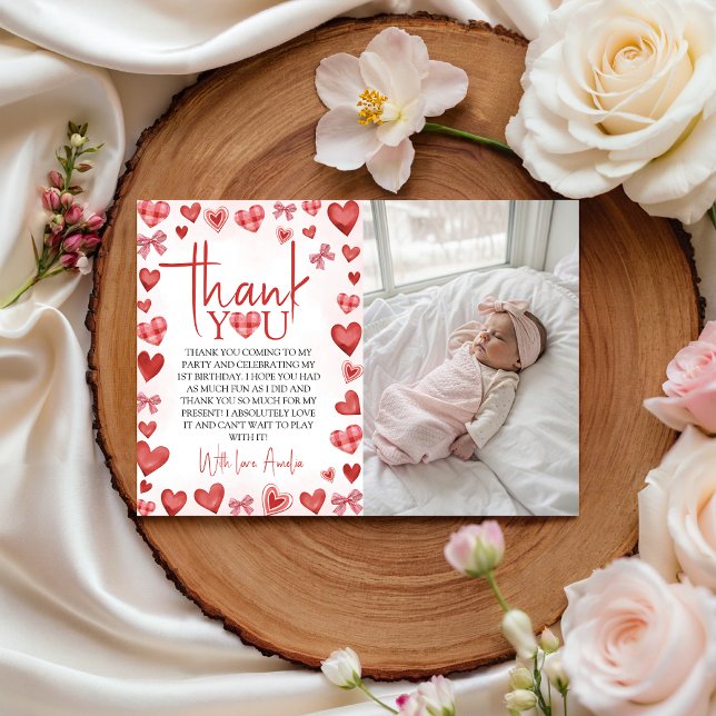 Invitación Sweetheart First Birthday Photo Thank You Card (Subido por el creador)