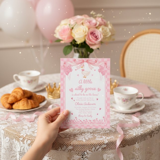 Invitación sweetheart pink goose gingham bow floral baby girl (Subido por el creador)