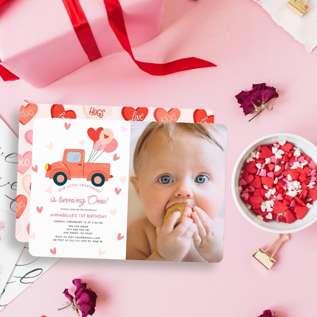 Invitación Sweetheart Pink Truck Photo Girl 1st Birthday (Subido por el creador)