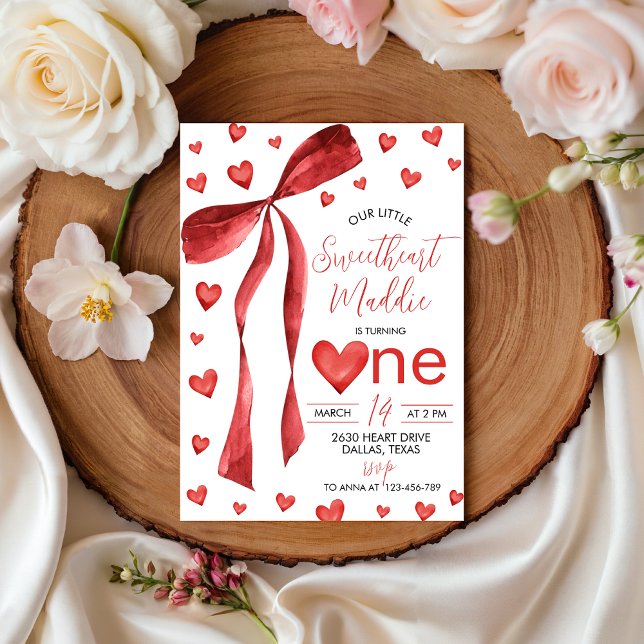 Invitación Sweetheart Red Bow 1st Birthday Invite (Subido por el creador)