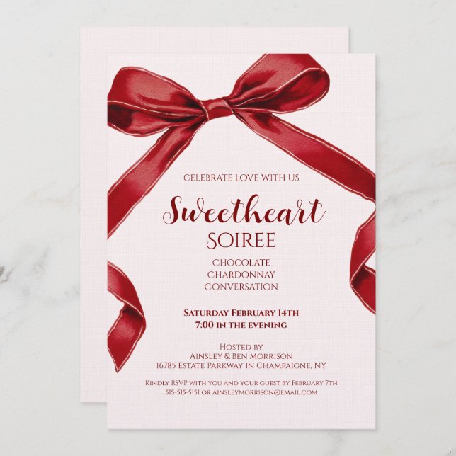 Invitación Sweetheart Soiree Elegant Bow Valentines Day Party (Anverso / Reverso)