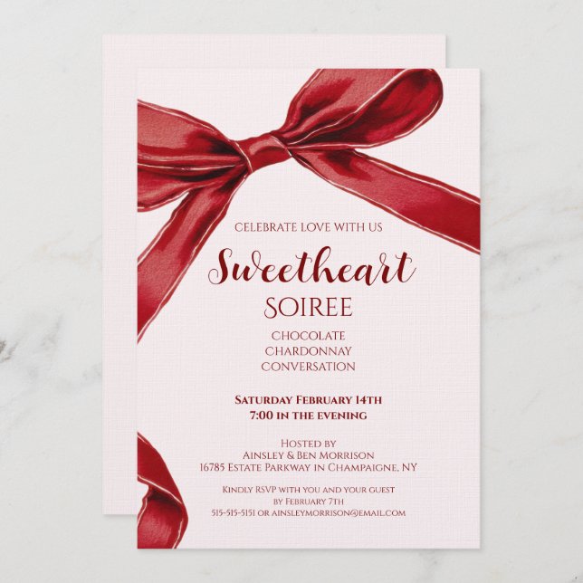 Invitación Sweetheart Soiree Elegant Bow Valentines Day Party (Anverso / Reverso)