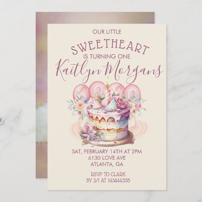 Invitación Sweetheart Valentine’s First Birthday Photo (Anverso / Reverso)