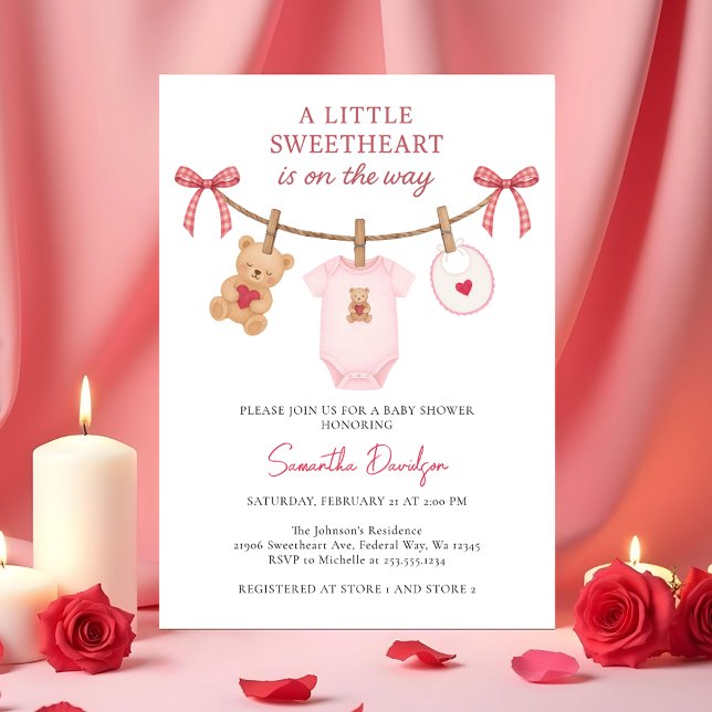 Invitación Sweetheart Valentine Teddy Bear Pink Baby Shower (Sweetheart Valentine Teddy Bear Pink Baby Shower Invitation)