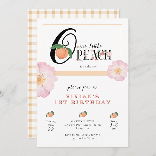 Invitación Sweety Little Peach 1º cumpleaños (Anverso / Reverso)