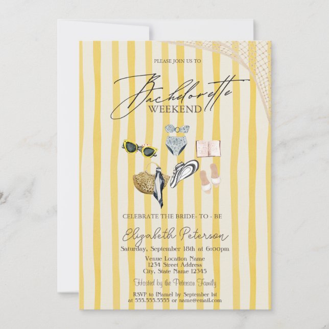 Invitación Swimming Suits Beach Yellow Stripes Bachelorette  (Anverso)