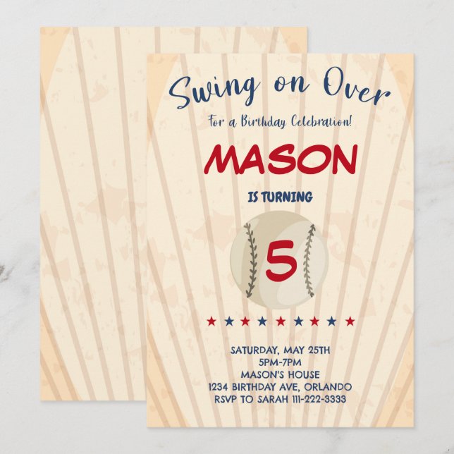 Invitación Swing on Baseball Birday Invitation (ing) (Anverso / Reverso)